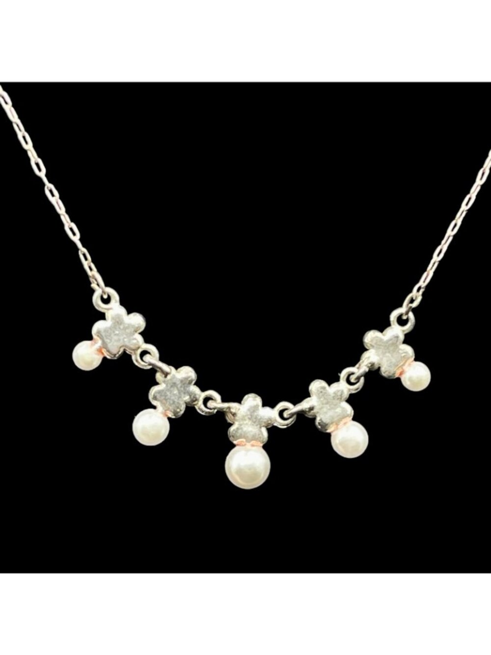 Multi Strand Necklace Stack Chain + Faux Pearl Crystal Silver Tone Vtg LC - Picture 8 of 9